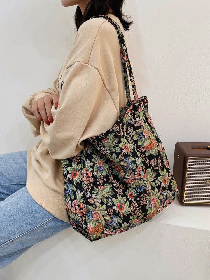 Grand sac cabas vintage à fleurs – Sac fourre-tout élégant inspiré de l'automne