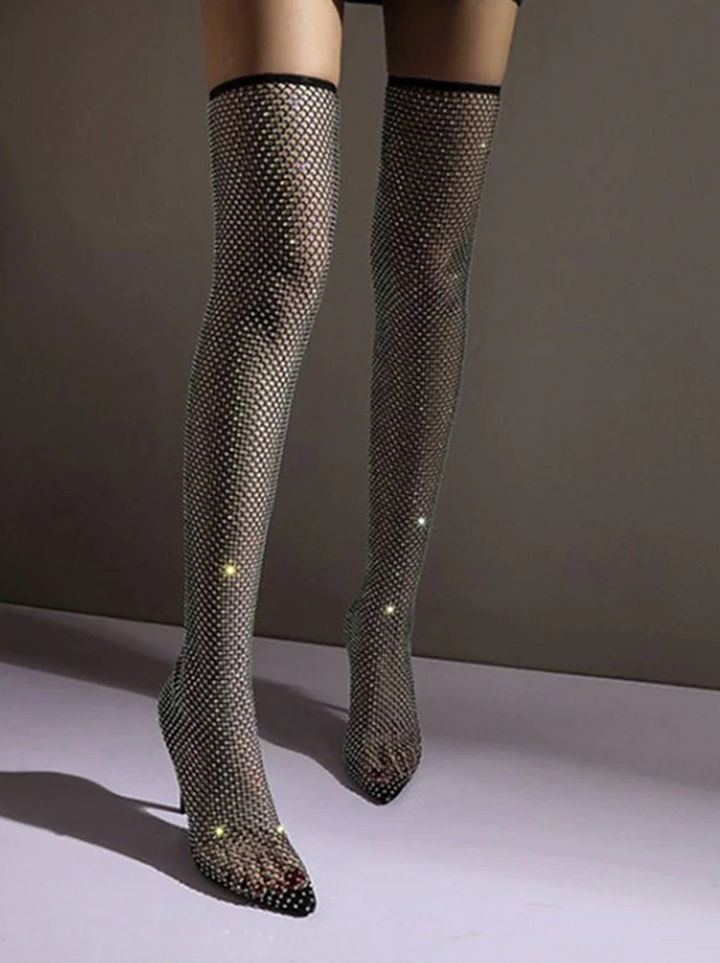 Aura Rhinestone Mesh Pointed Heels – Sparkling Embellishment, Breathable Design