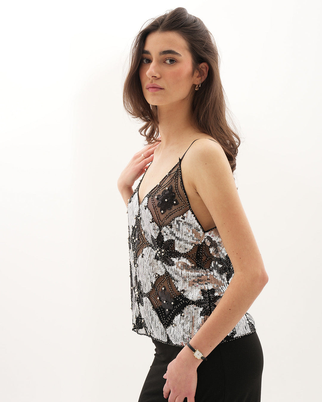 Aurelia Elegant Top – Silver Beaded Semi-Transparent V-Neck Evening