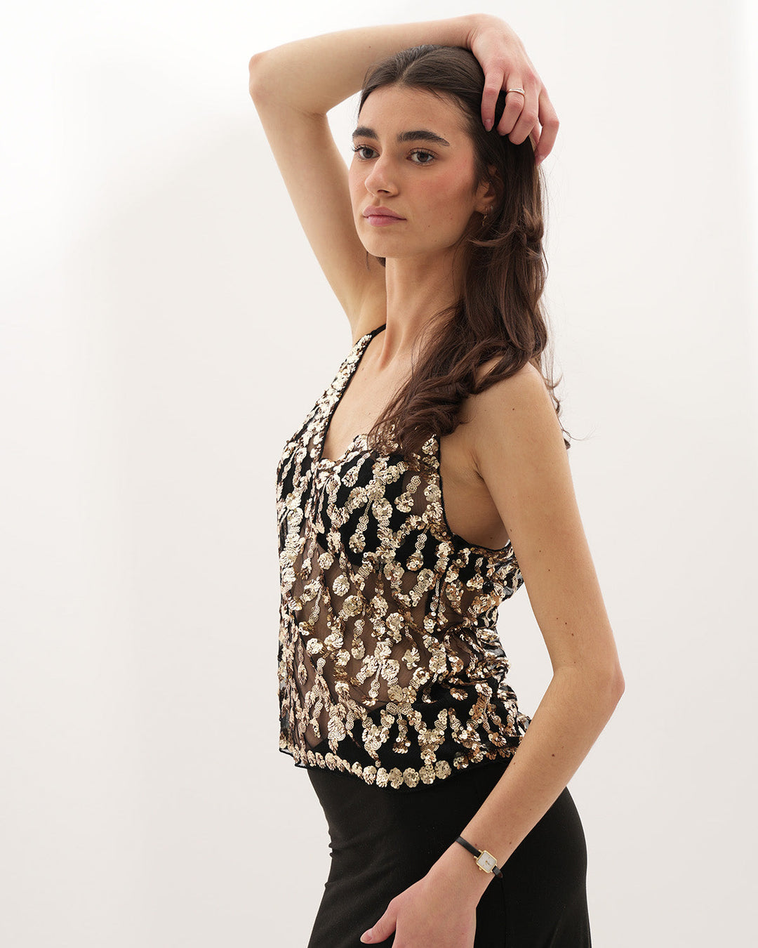 Liora Gold Sequin Embellished V‑Neck Semi‑Transparent Elegant Top