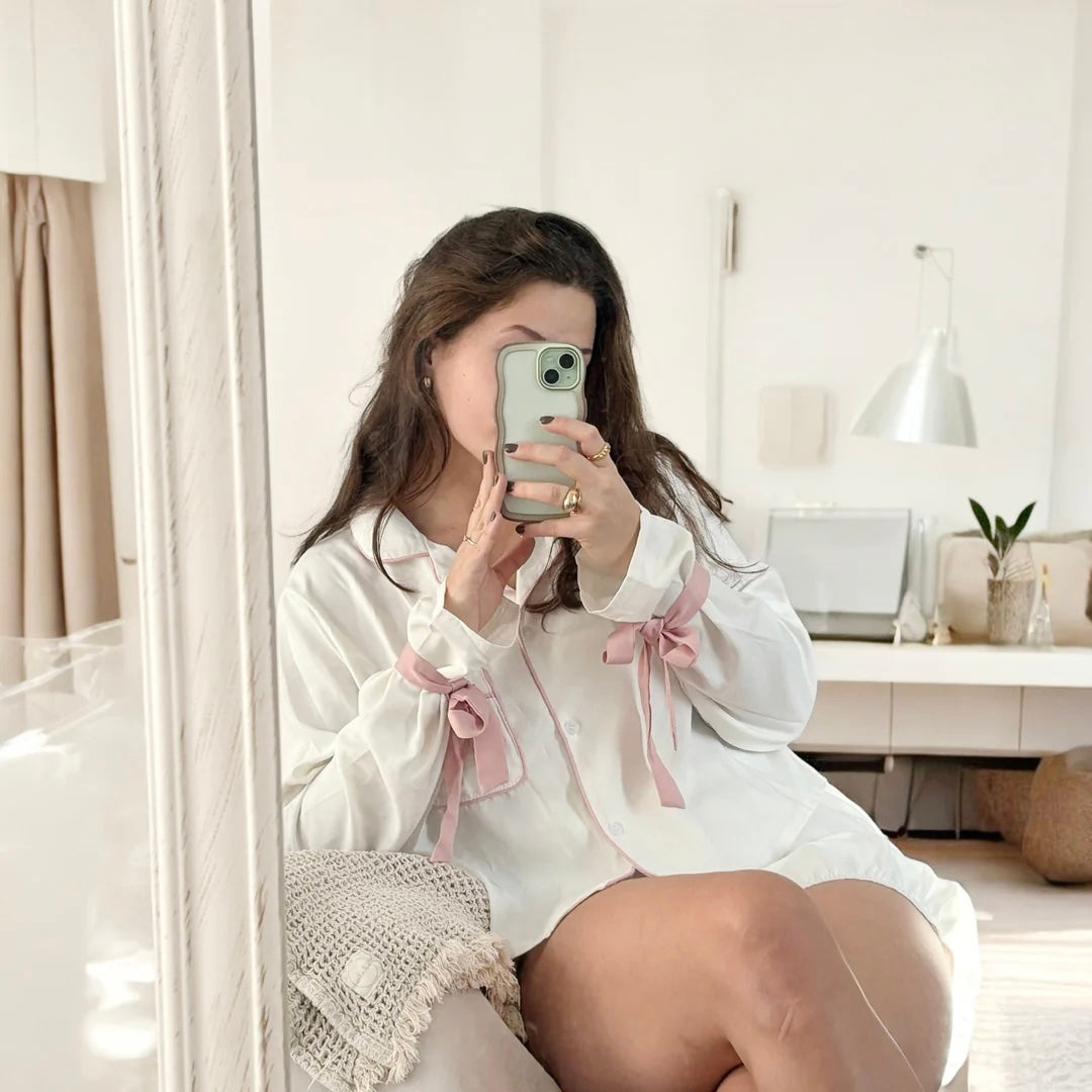 Amaya Bow Tie Cuffs Soft Elegant Loungewear Pajama Set