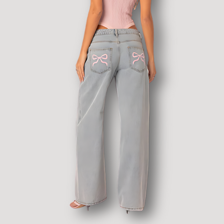 Pink Embroidered Bow Wide Leg Denim Jeans - Siopie