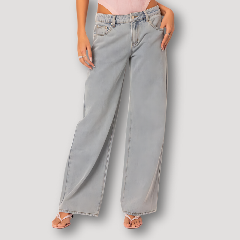 Pink Embroidered Bow Wide Leg Denim Jeans - Siopie