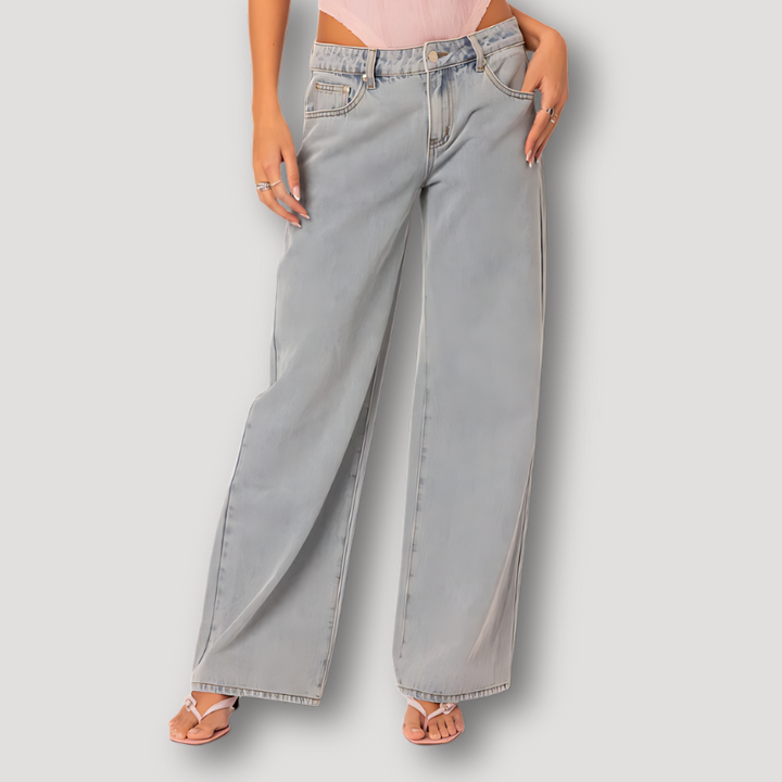 Pink Embroidered Bow Wide Leg Denim Jeans - Siopie