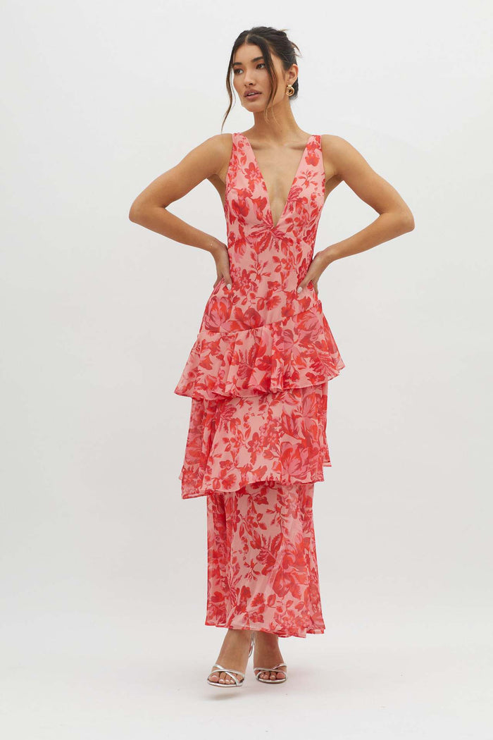 Elena Backless Ruffle Maxi Dress – Elegant and Flowy Red Long Dress for Every Occasion