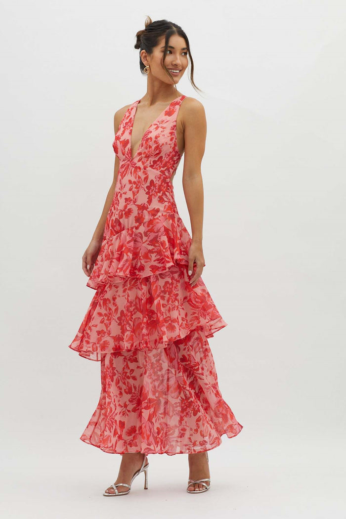Elena Backless Ruffle Maxi Dress – Elegant and Flowy Red Long Dress for Every Occasion