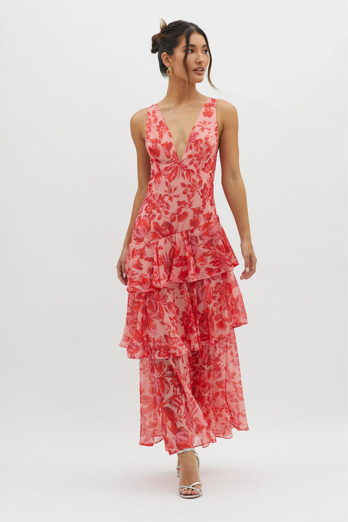 Elena Backless Ruffle Maxi Dress – Elegant and Flowy Red Long Dress for Every Occasion