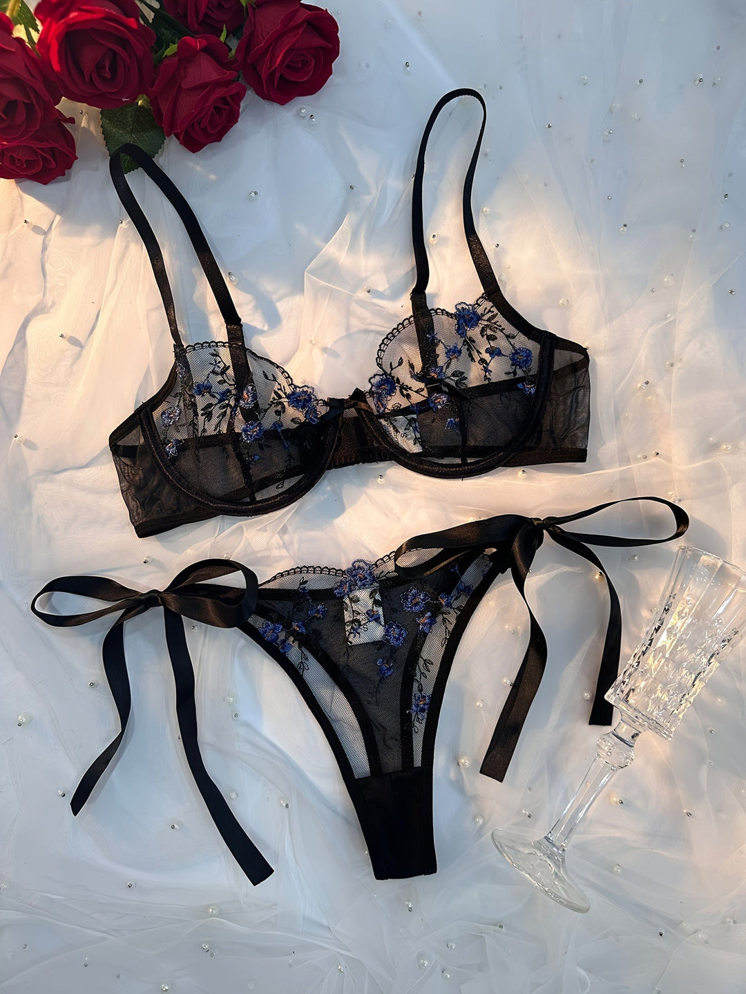 Anya Elegant Black Mesh Lingerie Set: Intricate Embroidery, Sensual Comfort