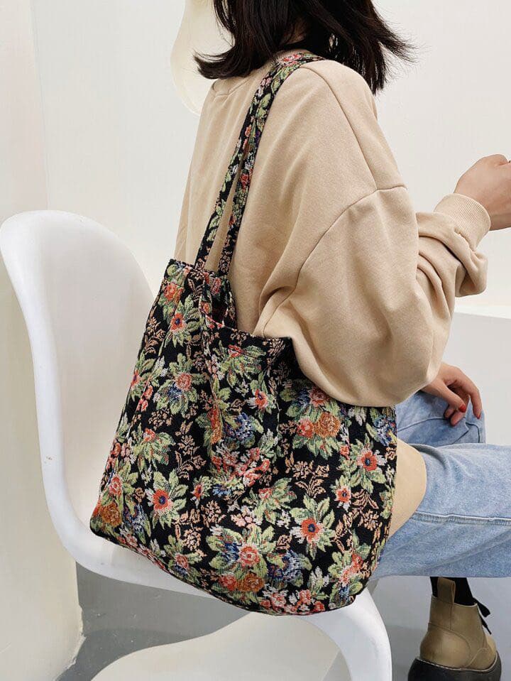 Grand sac cabas vintage à fleurs – Sac fourre-tout élégant inspiré de l'automne