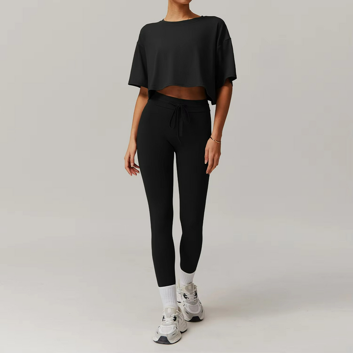 Cléo Ensemble Pilates – Haut Court Stylé, Leggings Confortables, Tissu Respirant