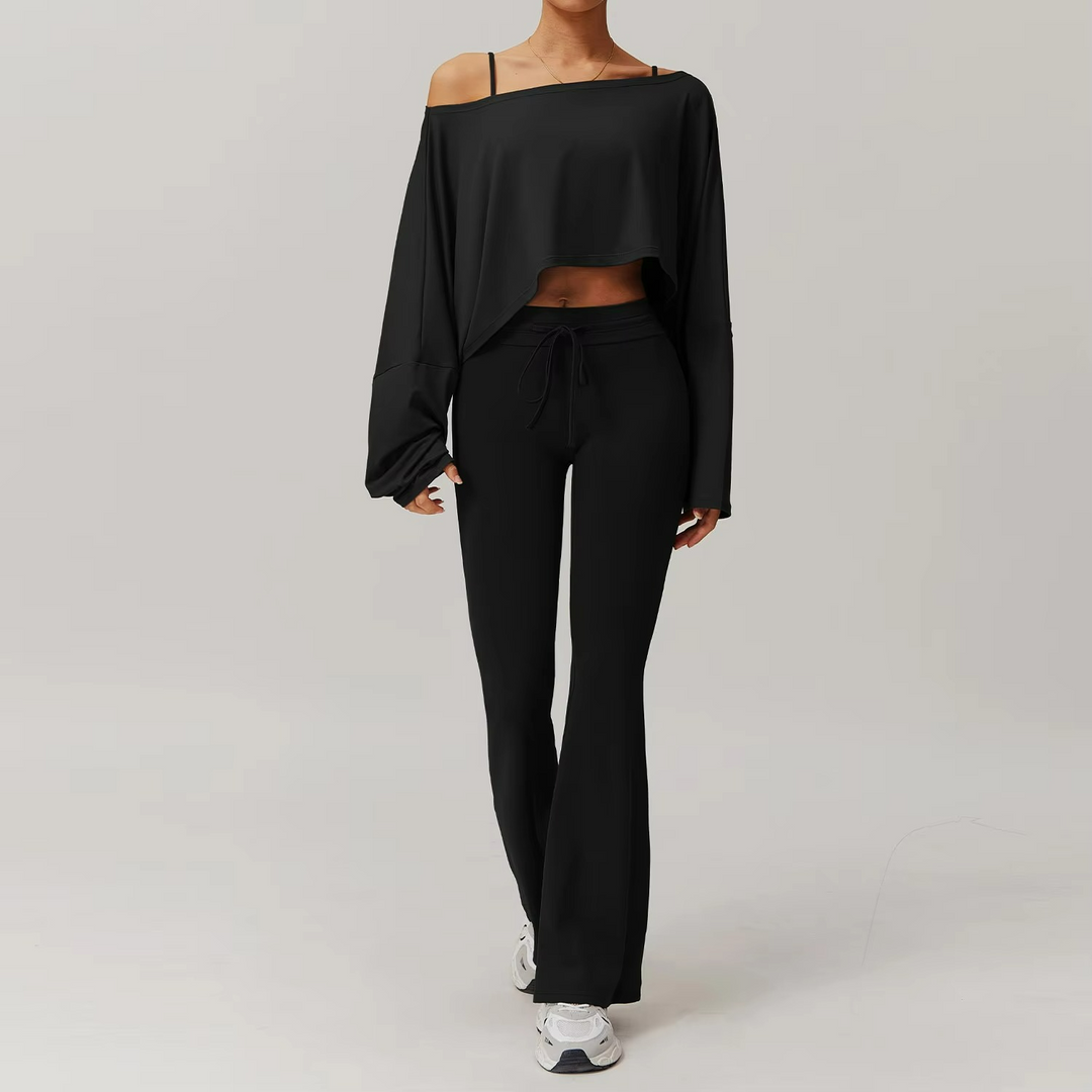 Ensemble Pilates Liora – Top épaules dénudées et pantalon flare stretch